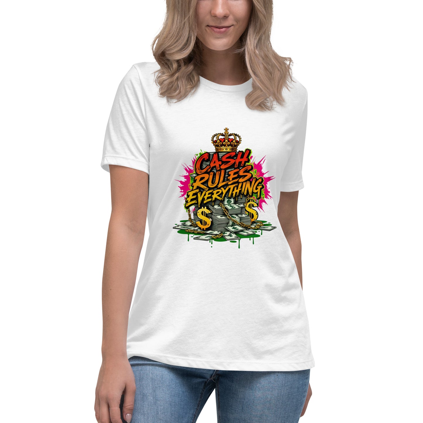 Graffiti-style Cash Rules Everything t-shirt design with money graphics and crown.

