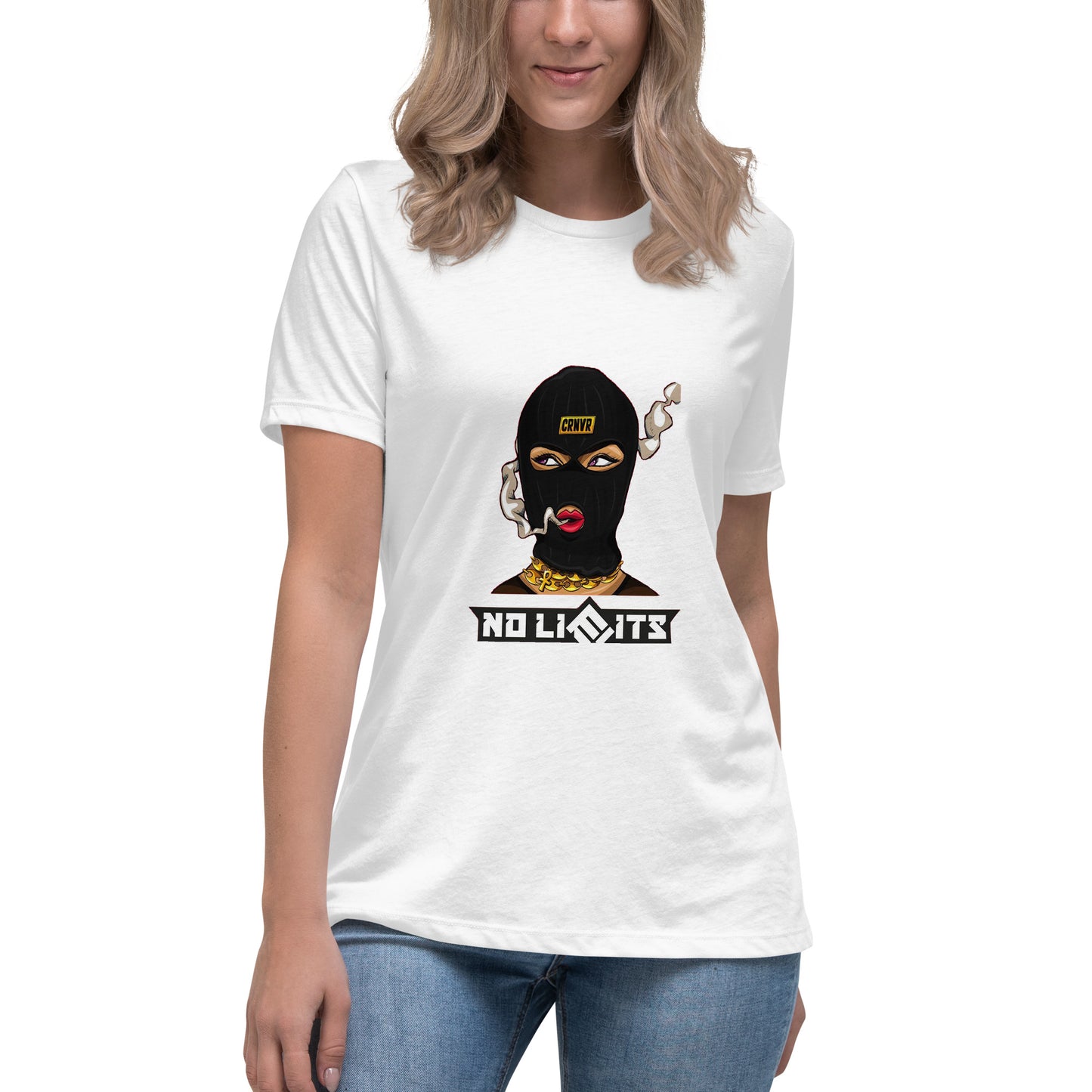 No Limits female masked character t-shirt design with bold text, smoke detail, and gold jewellery. 

