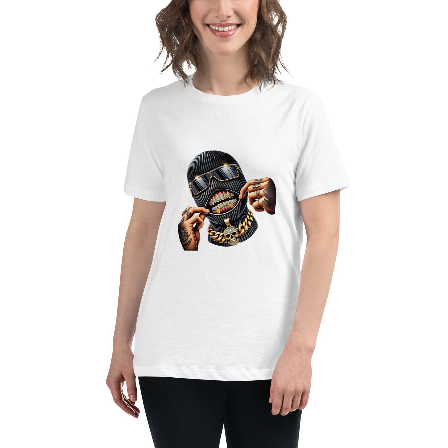Illustration of a gangster wearing a ski mask with gold diamond grillz, sunglasses, and a gold skull chain

