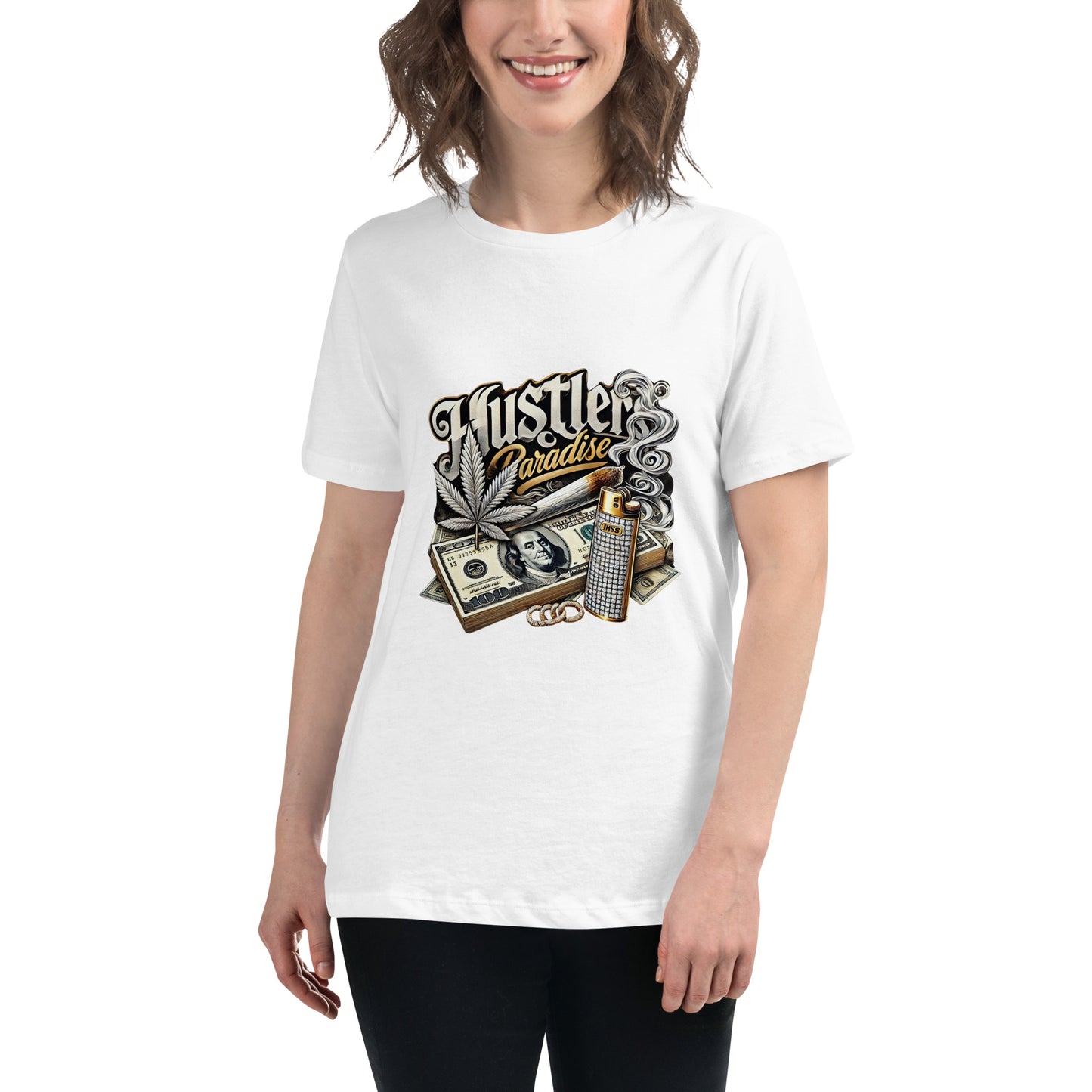 "Hustler's Paradise 420 graphic design with cash, weed leaf, smoke, and diamond lighter on black"

