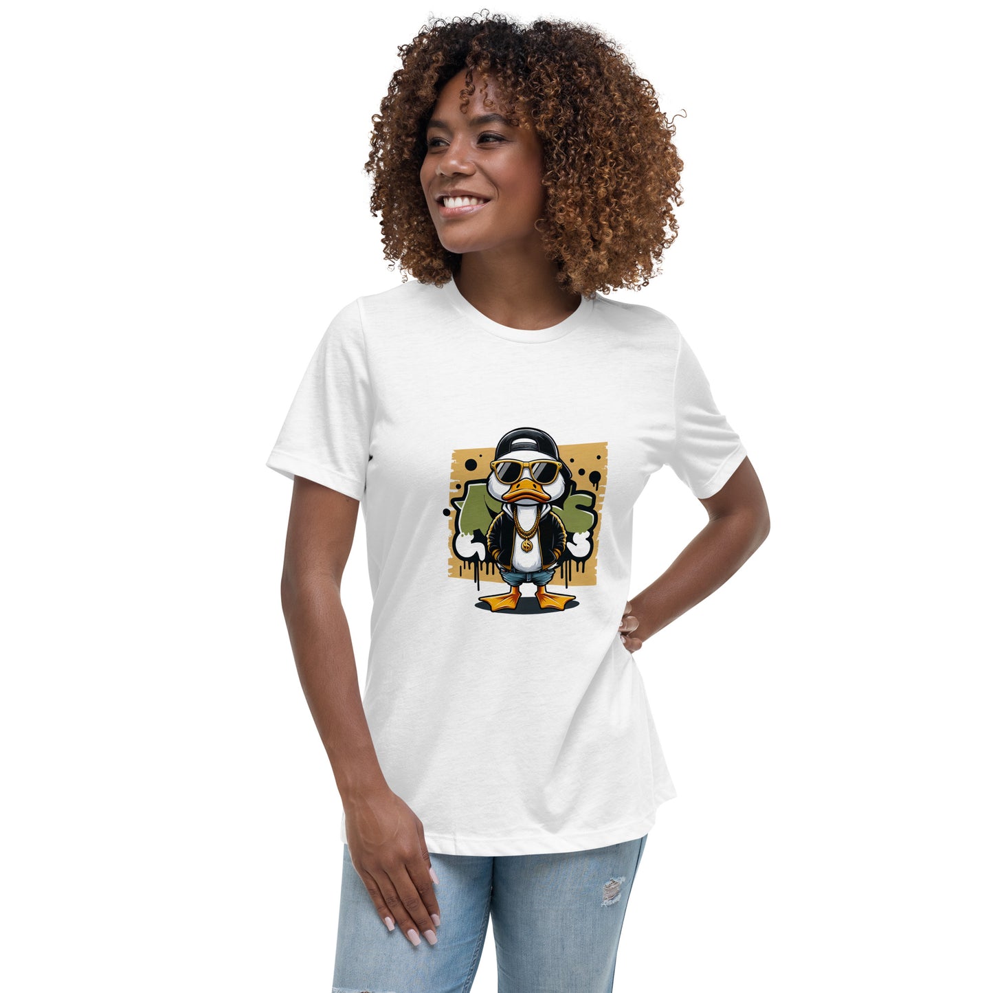 Cool cartoon duck in black jacket and sunglasses with graffiti background.

