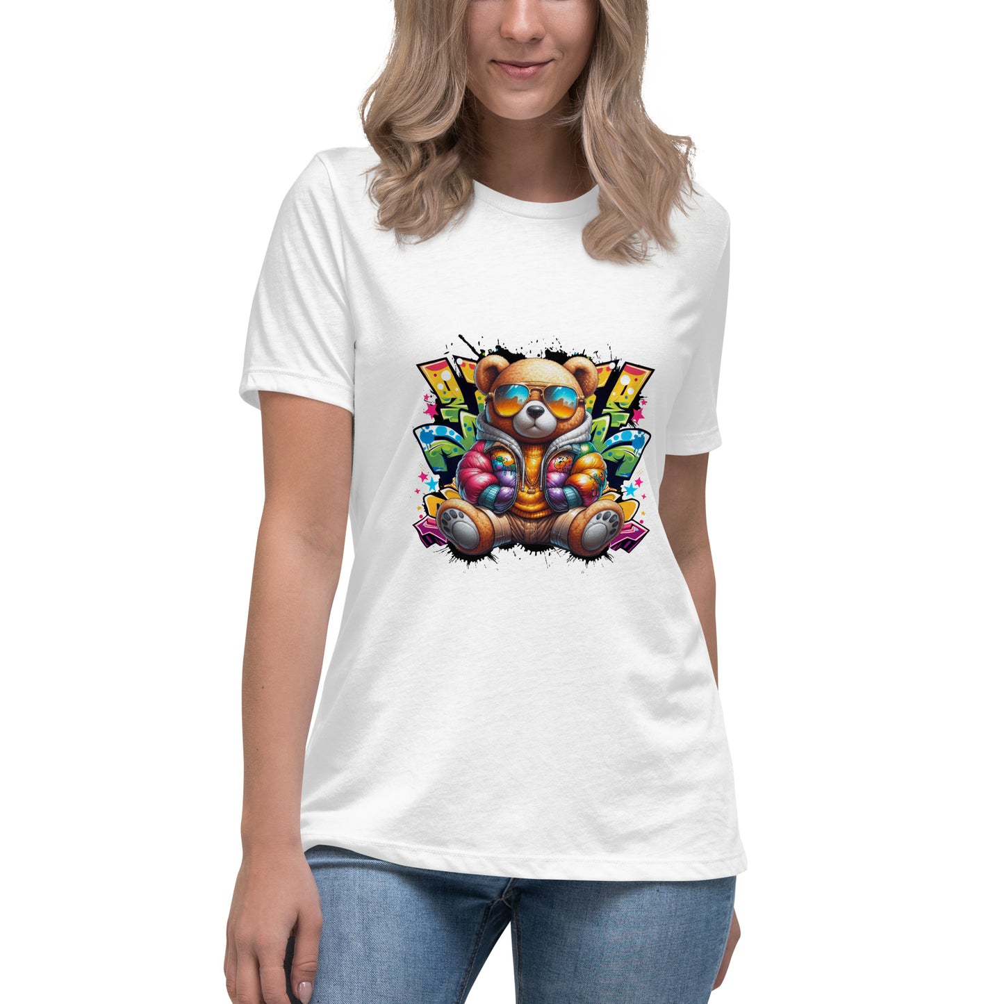 Cartoon bear with colourful jacket and sunglasses in graffiti background.

