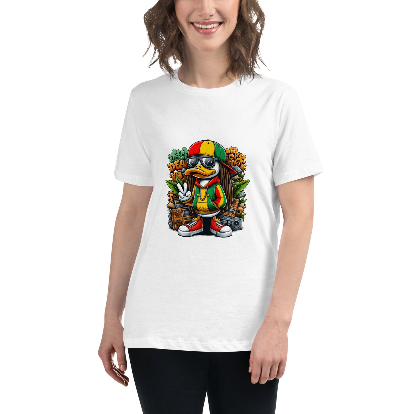 Cartoon reggae duck wearing rasta colours with boom box and peace sign

