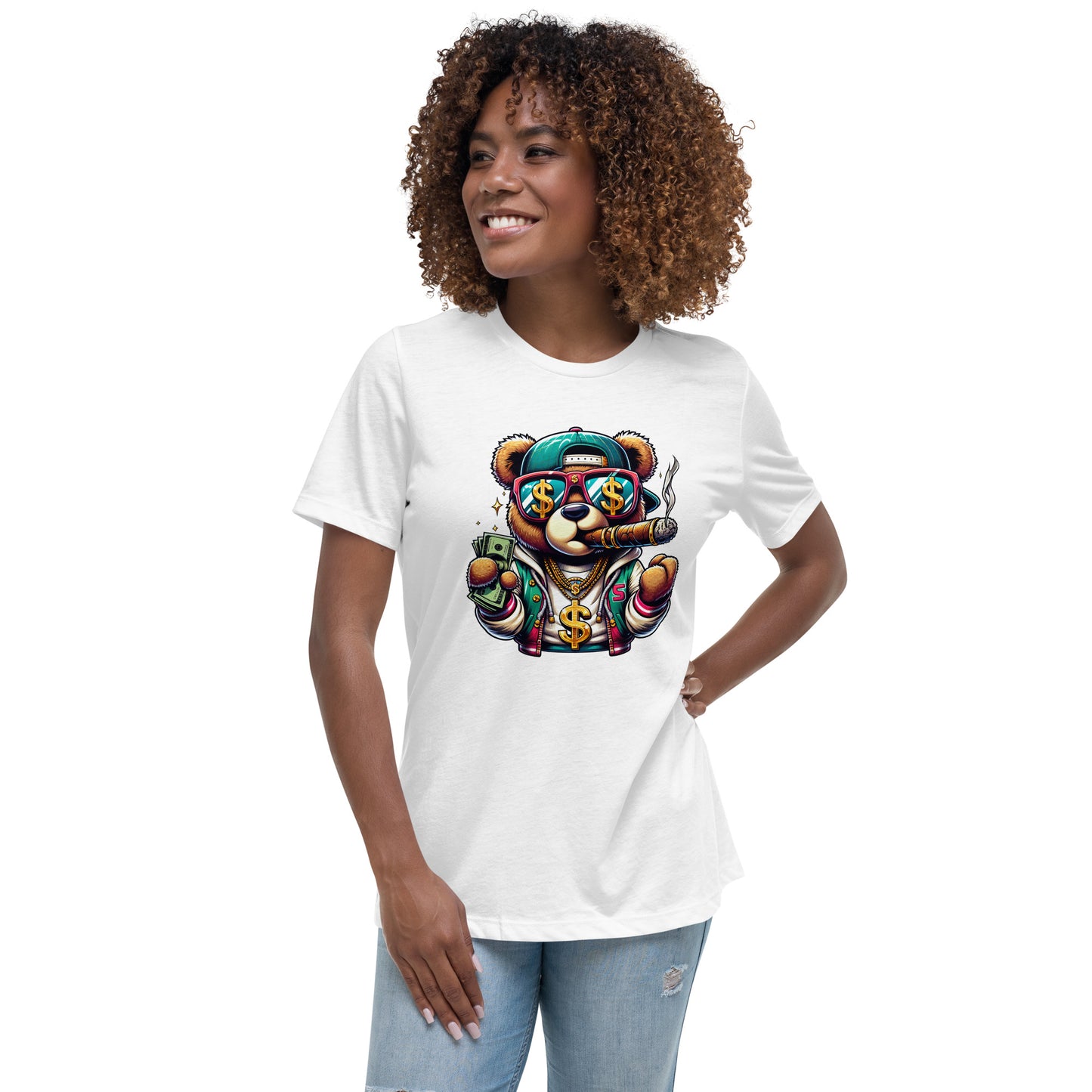 cartoon bear holding money wearing gold chains smoking cigar graphic t-shirt

