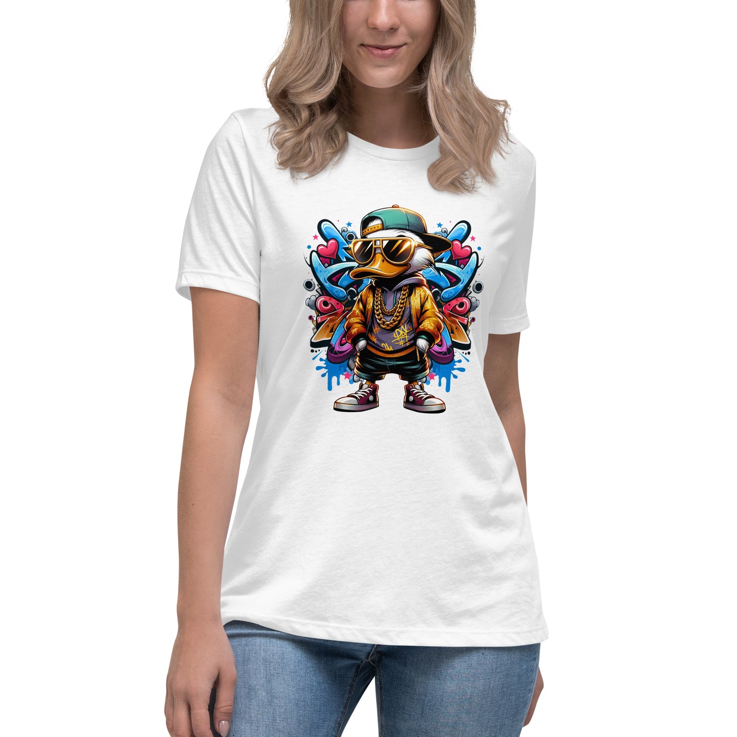 Graffiti-style duck wearing gold jacket, chains, and sunglasses on white t-shirt.

