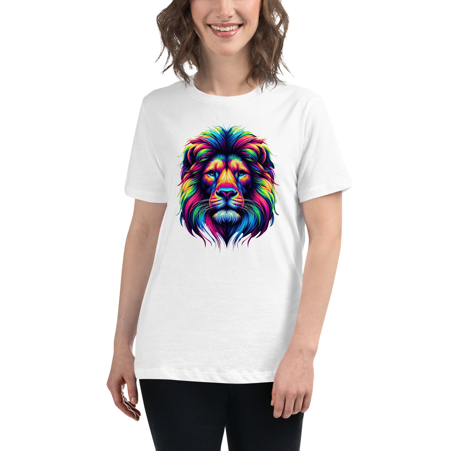 Colourful rainbow lion head graphic printed on a white t-shirt.

