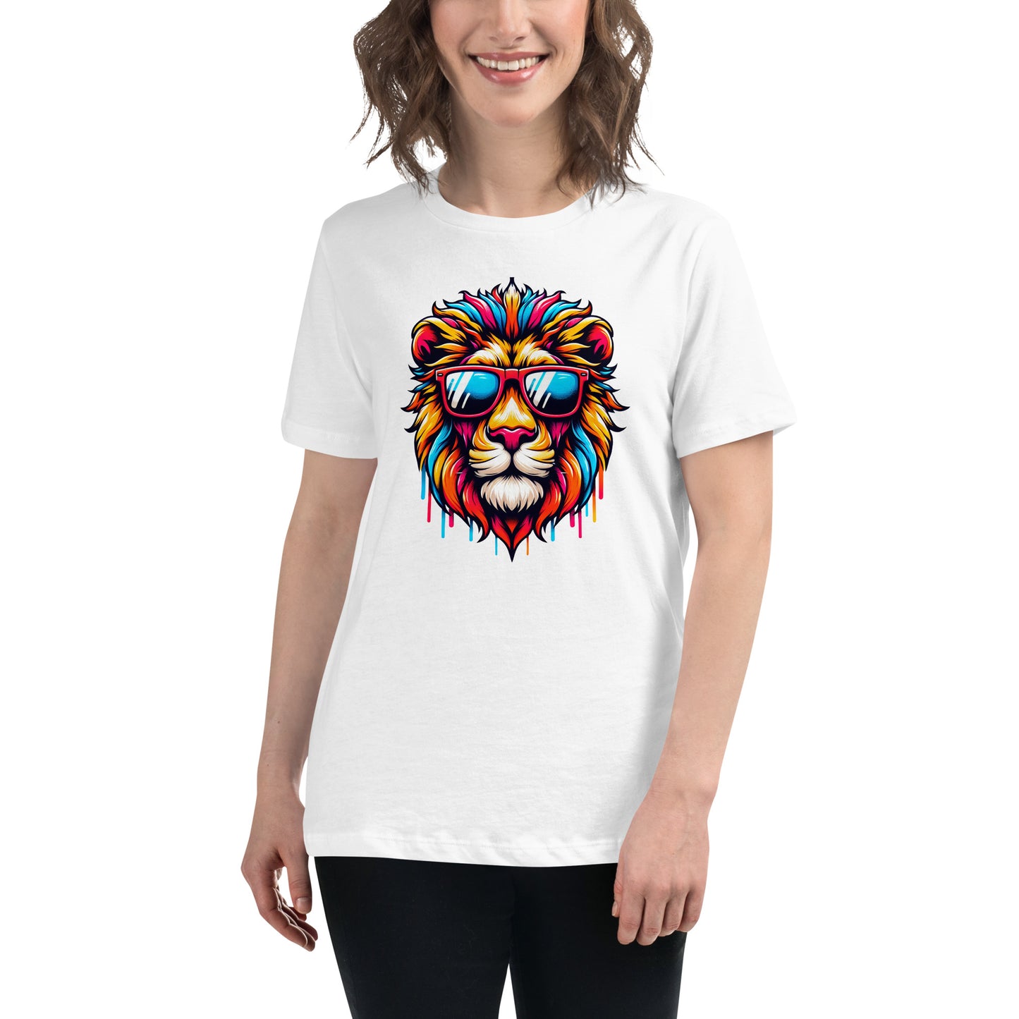 Graphic of a colourful lion with sunglasses dripping in rainbow colours on a white t-shirt.

