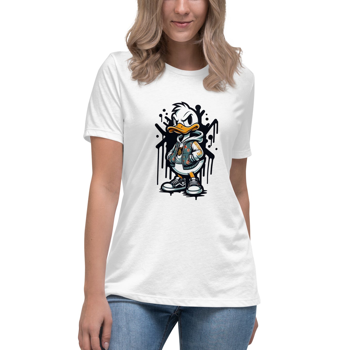 "Urban cartoon duck wearing hoodie and sneakers with street style attitude"

