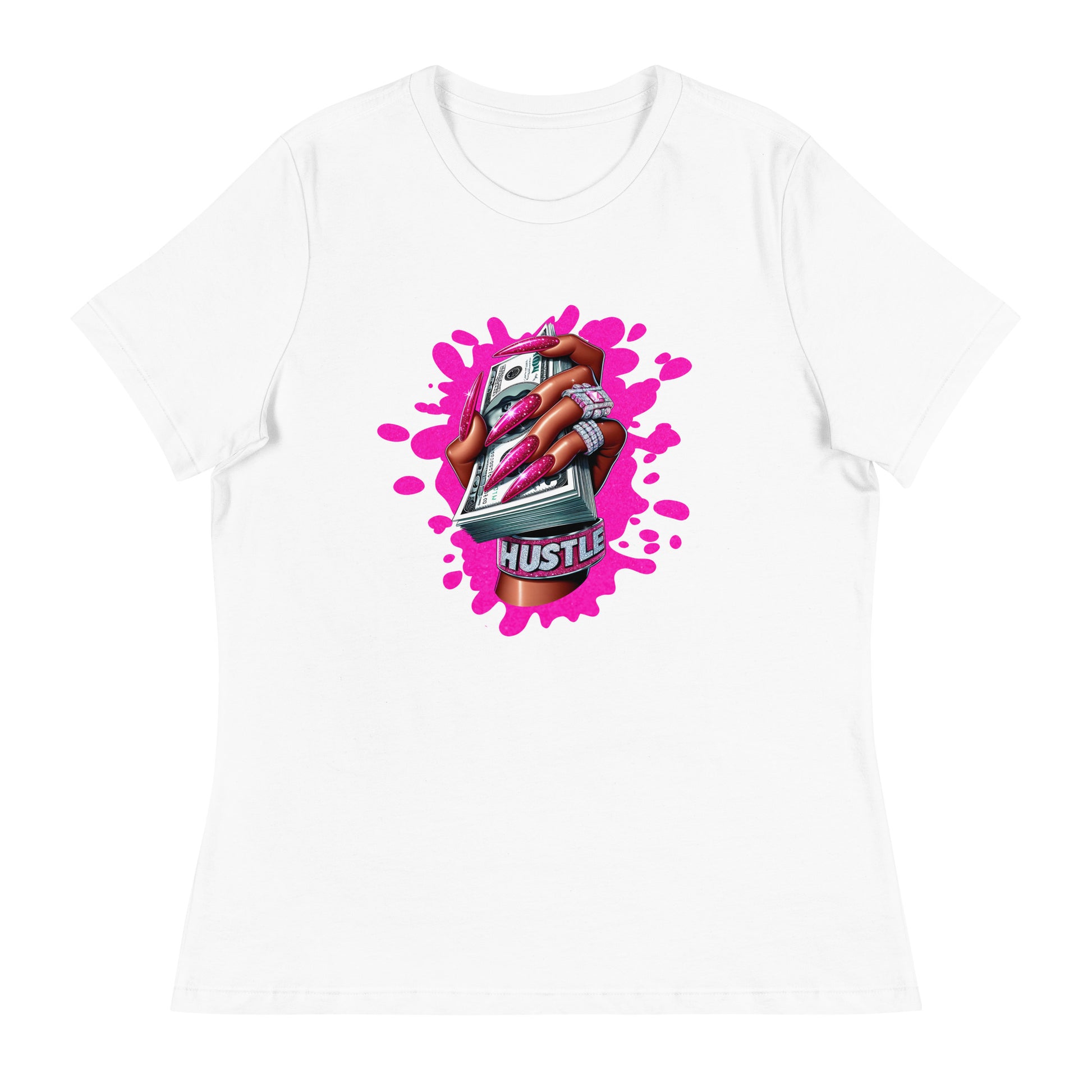 Graphic t-shirt design of a stylish hand with pink nails holding cash, wearing diamond rings, with the word “Hustle” and pink splatter background