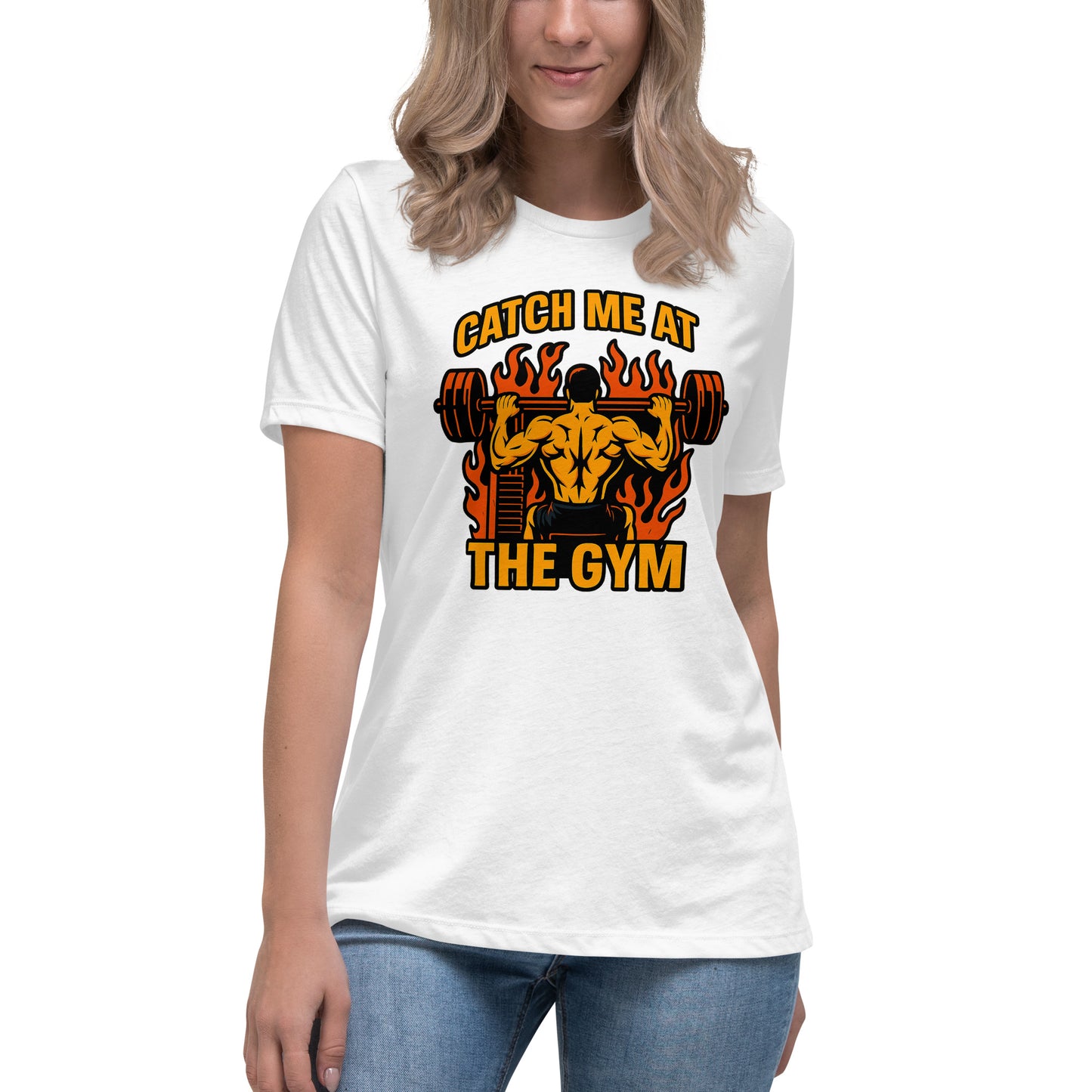 Gym t-shirt design with muscular man lifting weights and flames in the background.
