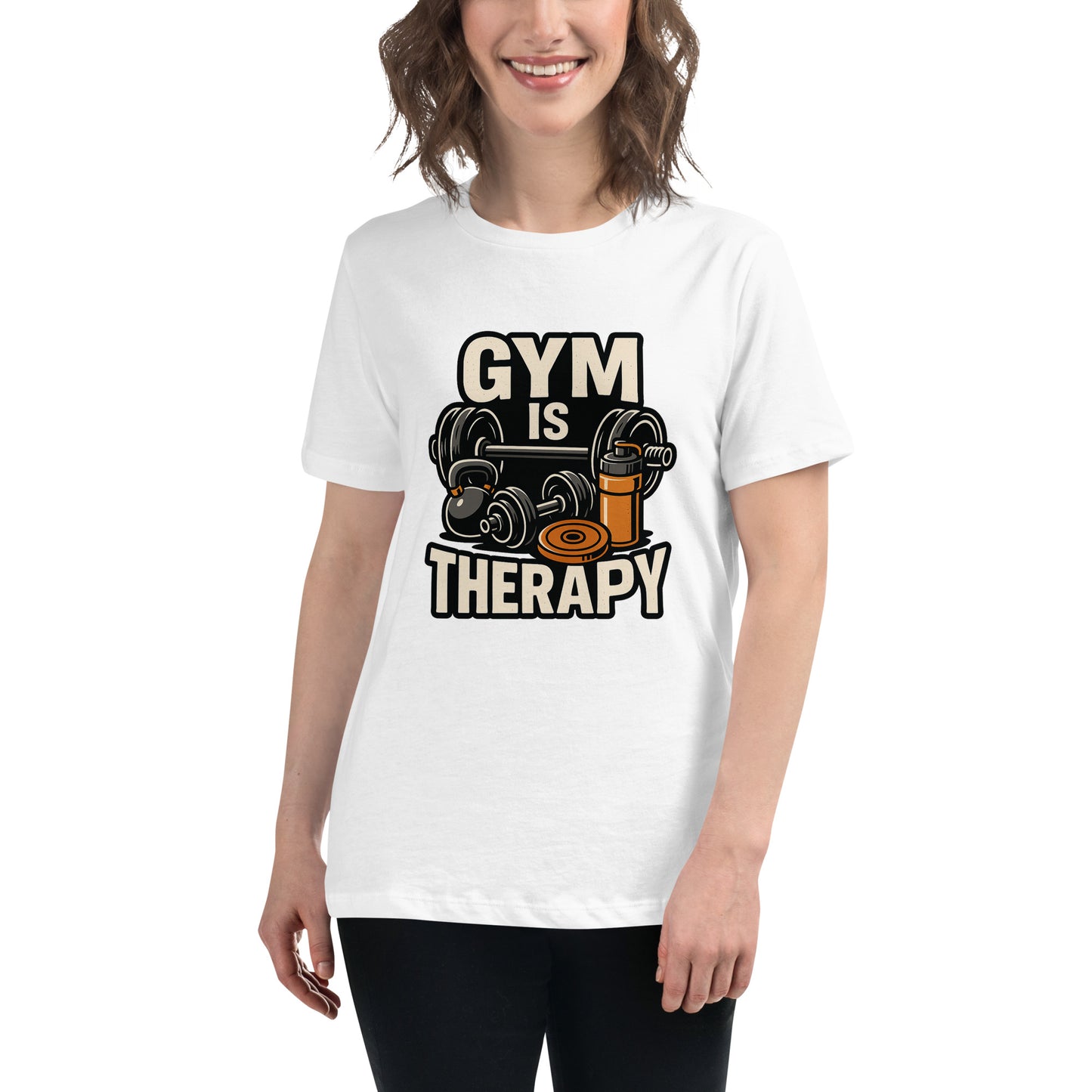 Gym Is Therapy motivational gym t shirt with dumbbell and barbell design DTF print