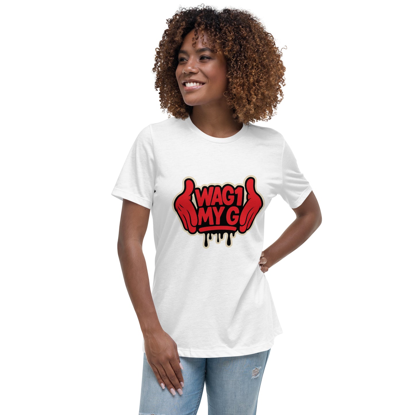 Girl wearing Hip hop style graphic tee wag1 my g