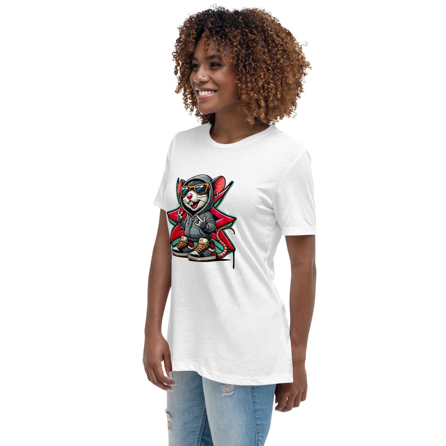 Cartoon gangster mouse in hoodie graphic on white streetwear t-shirt

