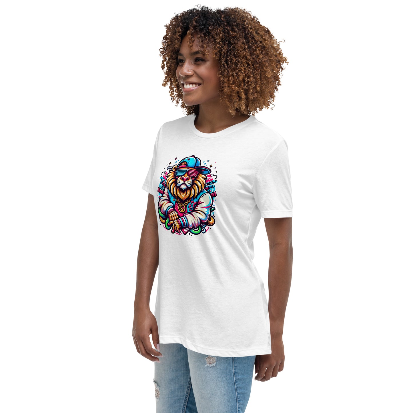 Colorful gangster lion illustration with gold chain and streetwear style, used on graphic t-shirt
