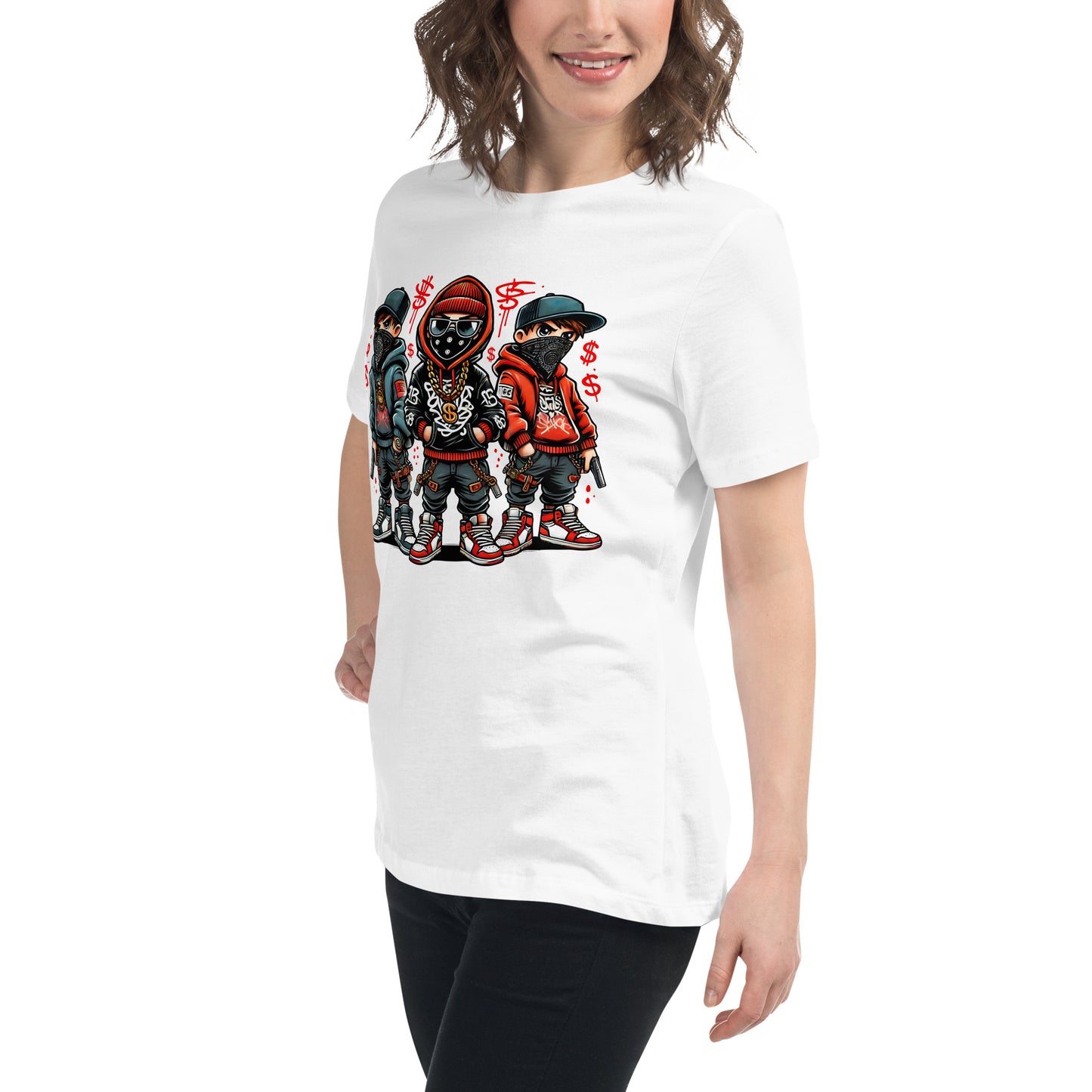 cartoon streetwear gangster trio t-shirt with graffiti money red black style

