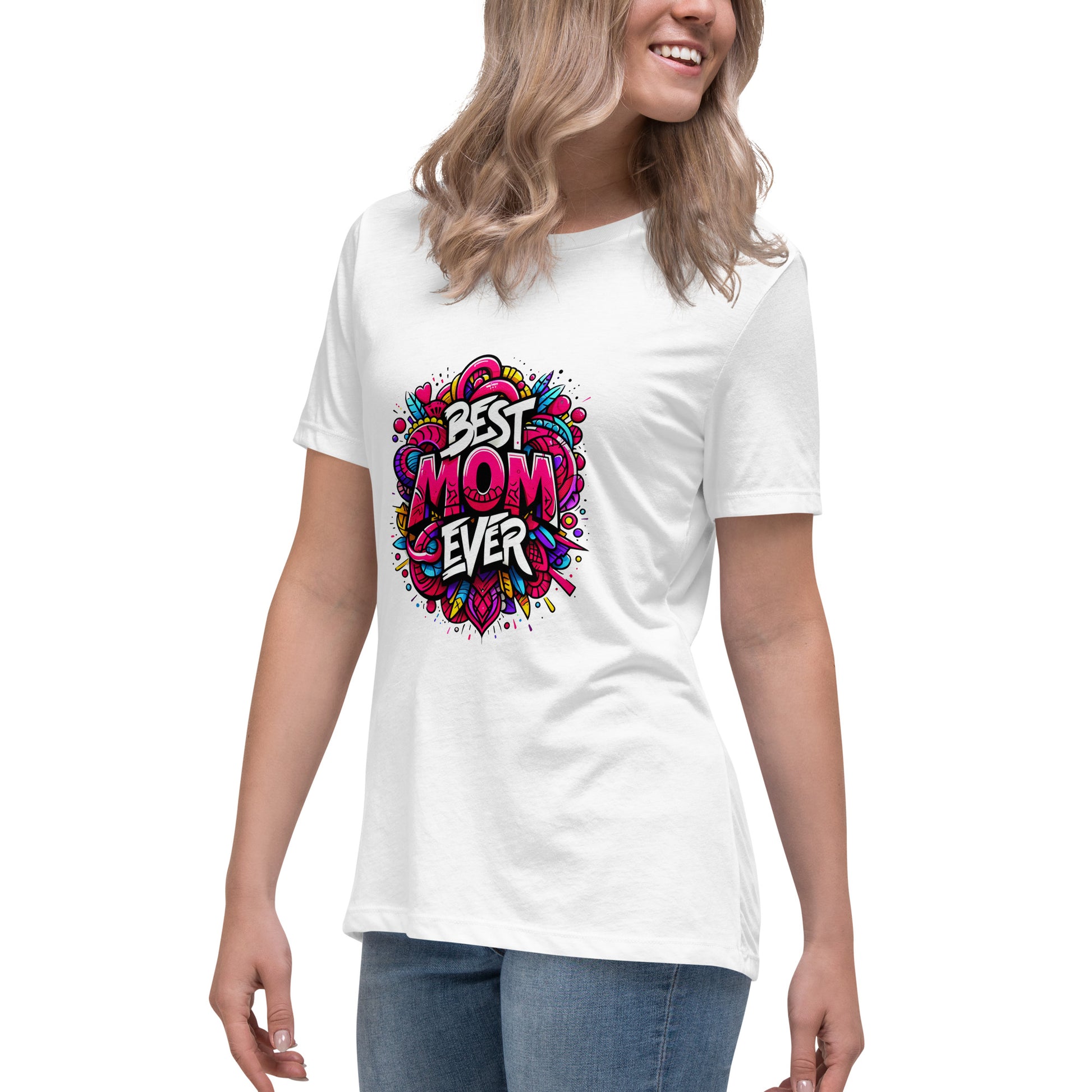 Graffiti t-shirt with “Best Mum Ever” in colourful floral and heart-themed street art

