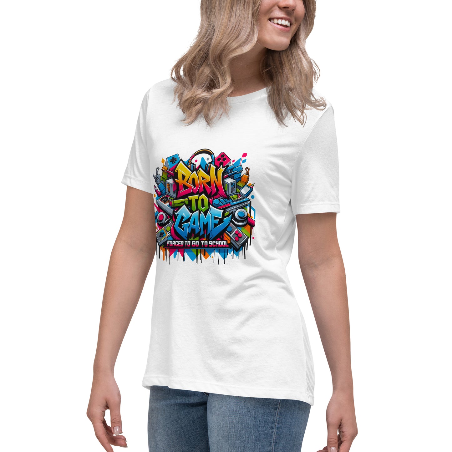 Born to Game graffiti t-shirt with colorful gaming-themed artwork, worn by female model
