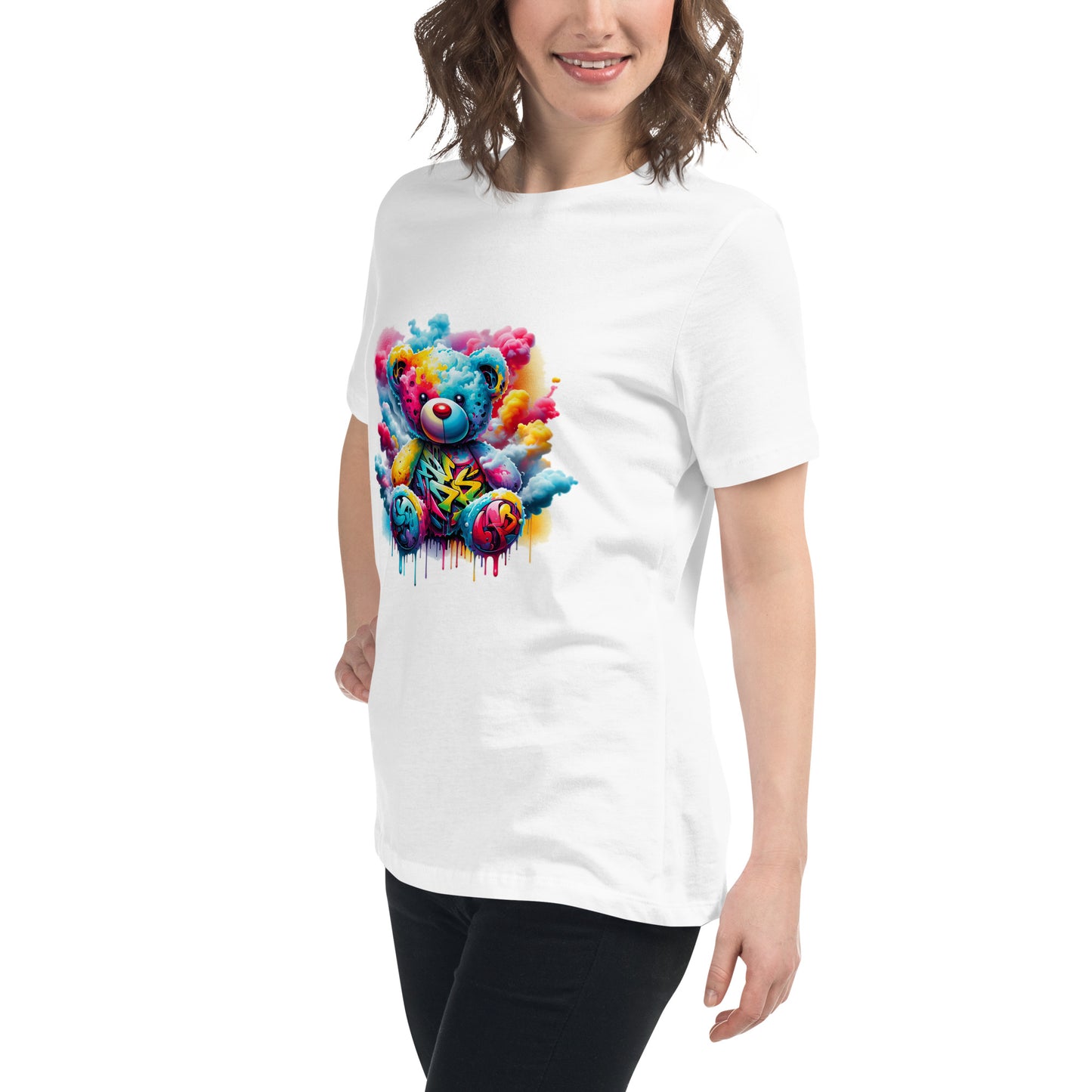 Graffiti teddy bear t-shirt for men and women in vibrant streetwear style.
