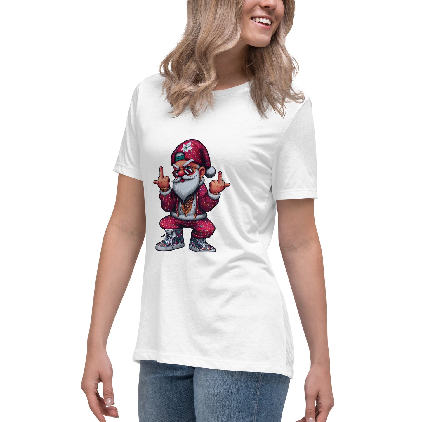 Cool gangster Santa Claus in streetwear with gold chains and sneakers, flipping the bird – bold Christmas graphic design.

