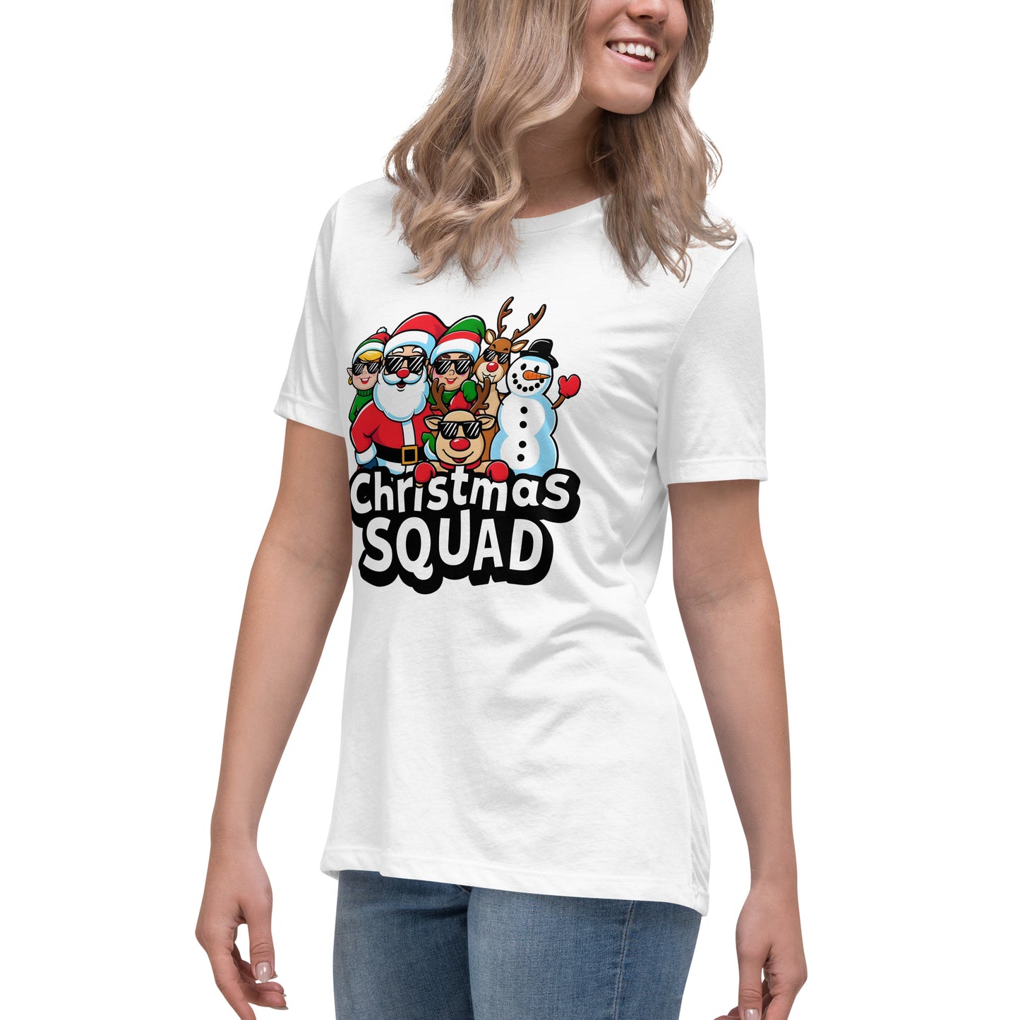 White t-shirt with Santa, reindeer, snowman, elves and text “Christmas Squad”
