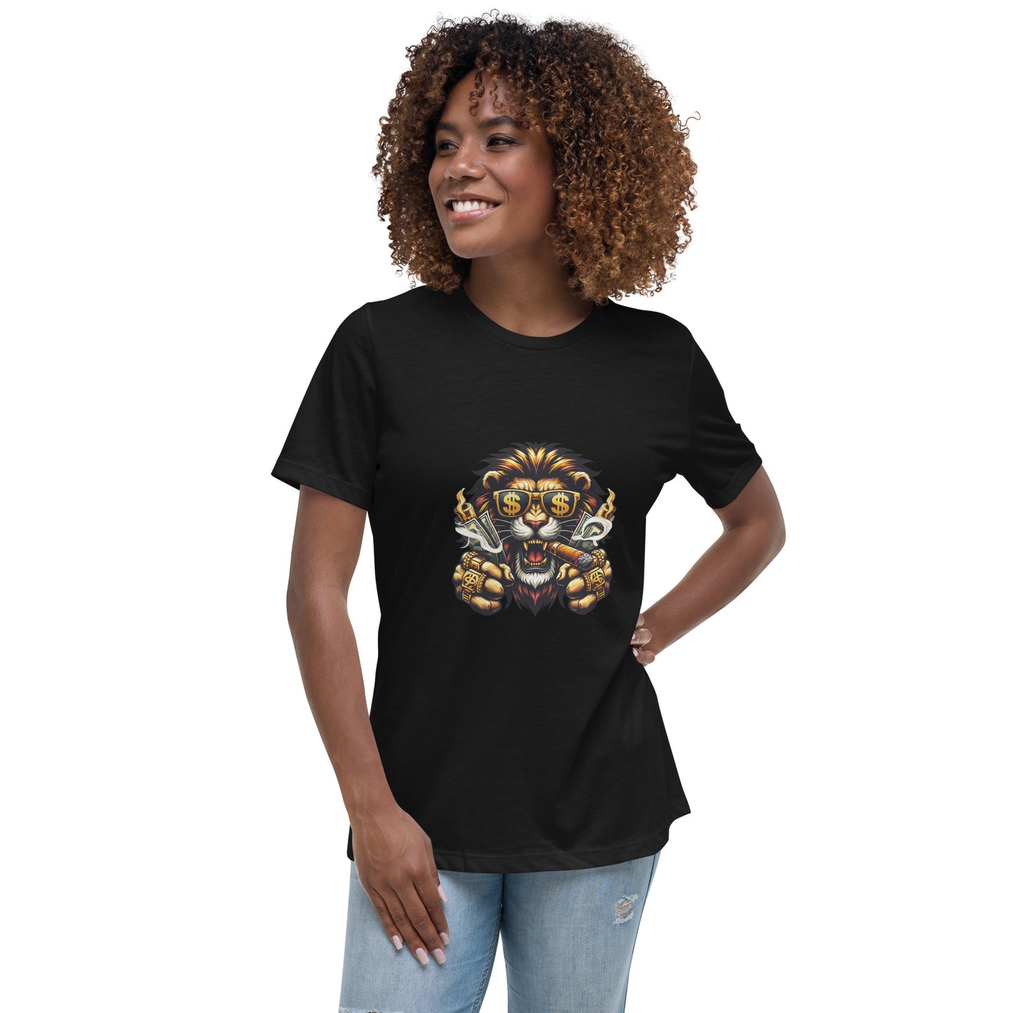 A fierce gangster lion wearing gold jewellery and dollar-sign sunglasses while smoking a cigar, illustrated in a bold streetwear graphic style for a vibrant T-shirt design