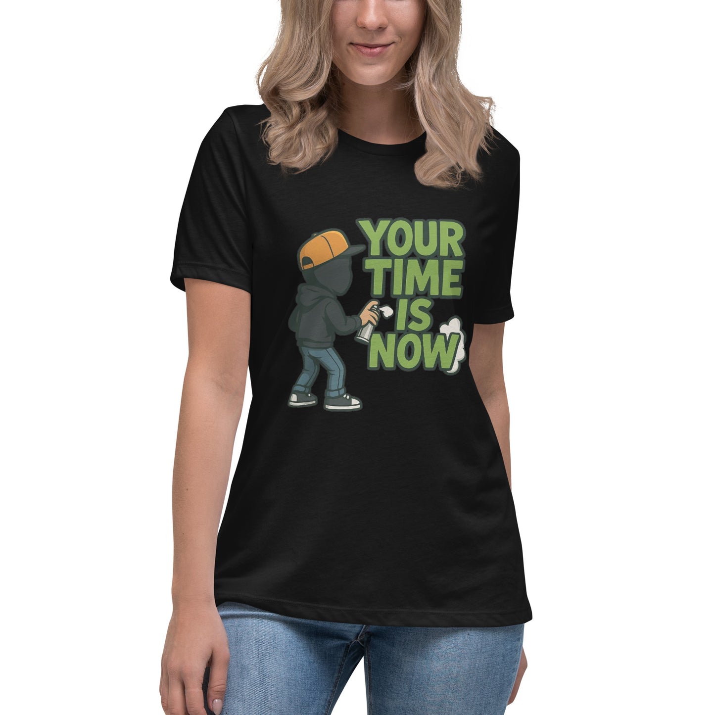 Your Time Is Now T shirt design featuring a graffiti-style motivational message and a hooded street artist with a spray can, perfect for inspirational streetwear, urban mindset apparel and professionally printed with high quality DTF printing in the UK