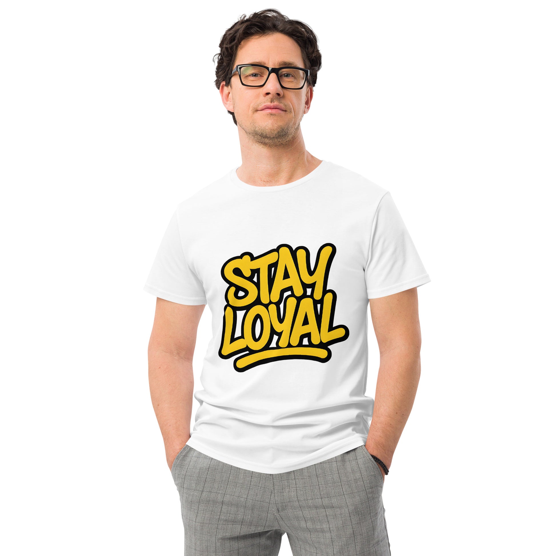 stay loyal printed t shirt with bold yellow slogan lettering and dripping street style graphic design