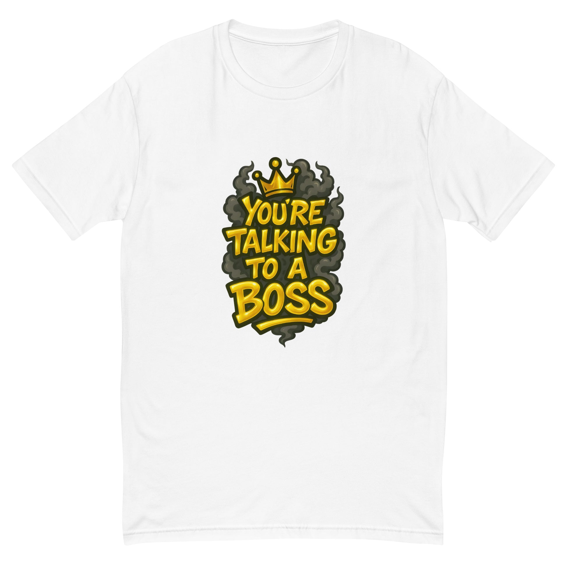 You’re Talking To A Boss T shirt design with bold gold lettering, crown detail and smoky background, perfect for urban streetwear, motivational graphic apparel and custom DTF printing UK