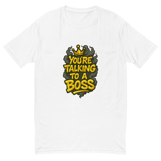You’re Talking To A Boss T shirt design with bold gold lettering, crown detail and smoky background, perfect for urban streetwear, motivational graphic apparel and custom DTF printing UK